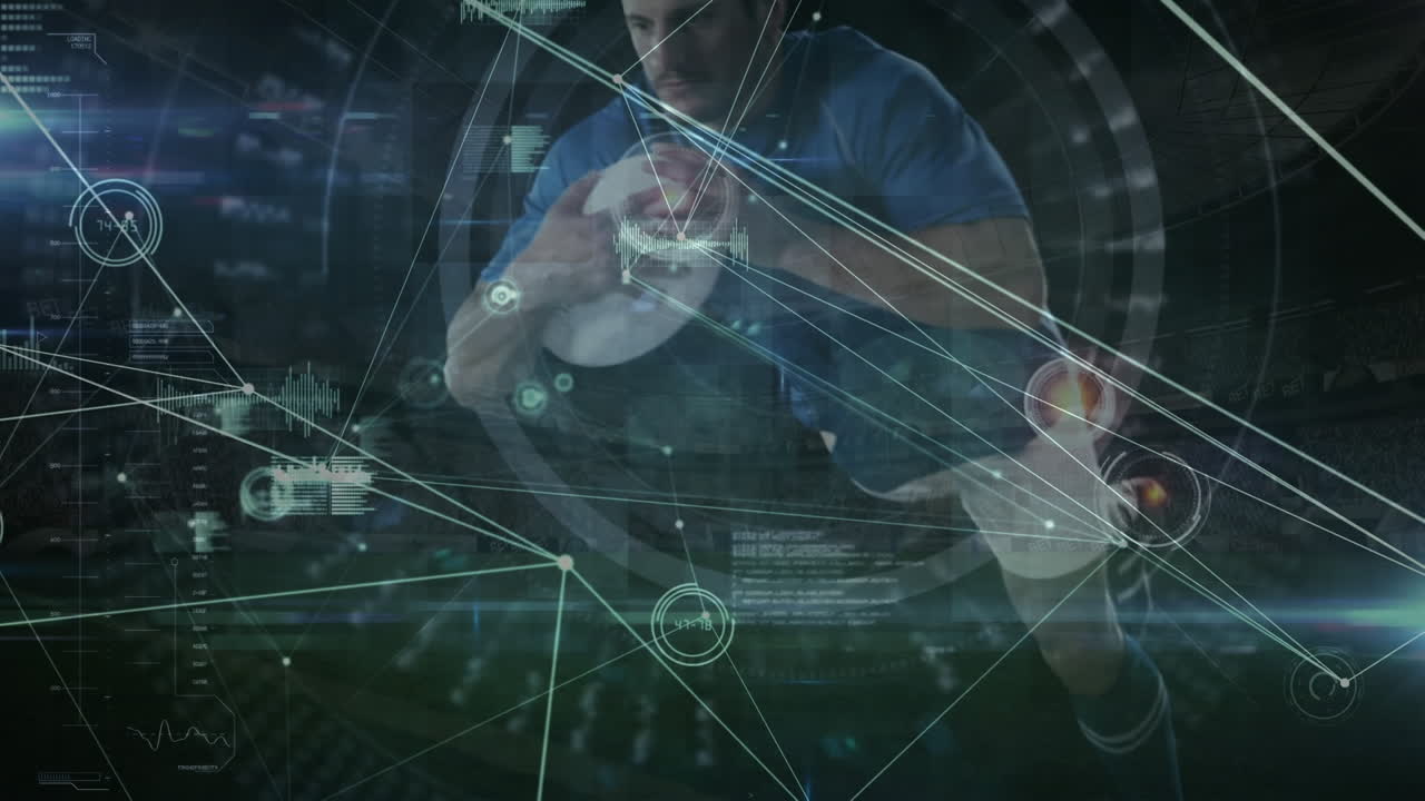 카우카스 남성 럭비 선수에 대한 다양한 데이터와 연결 네트워크의 애니메이션