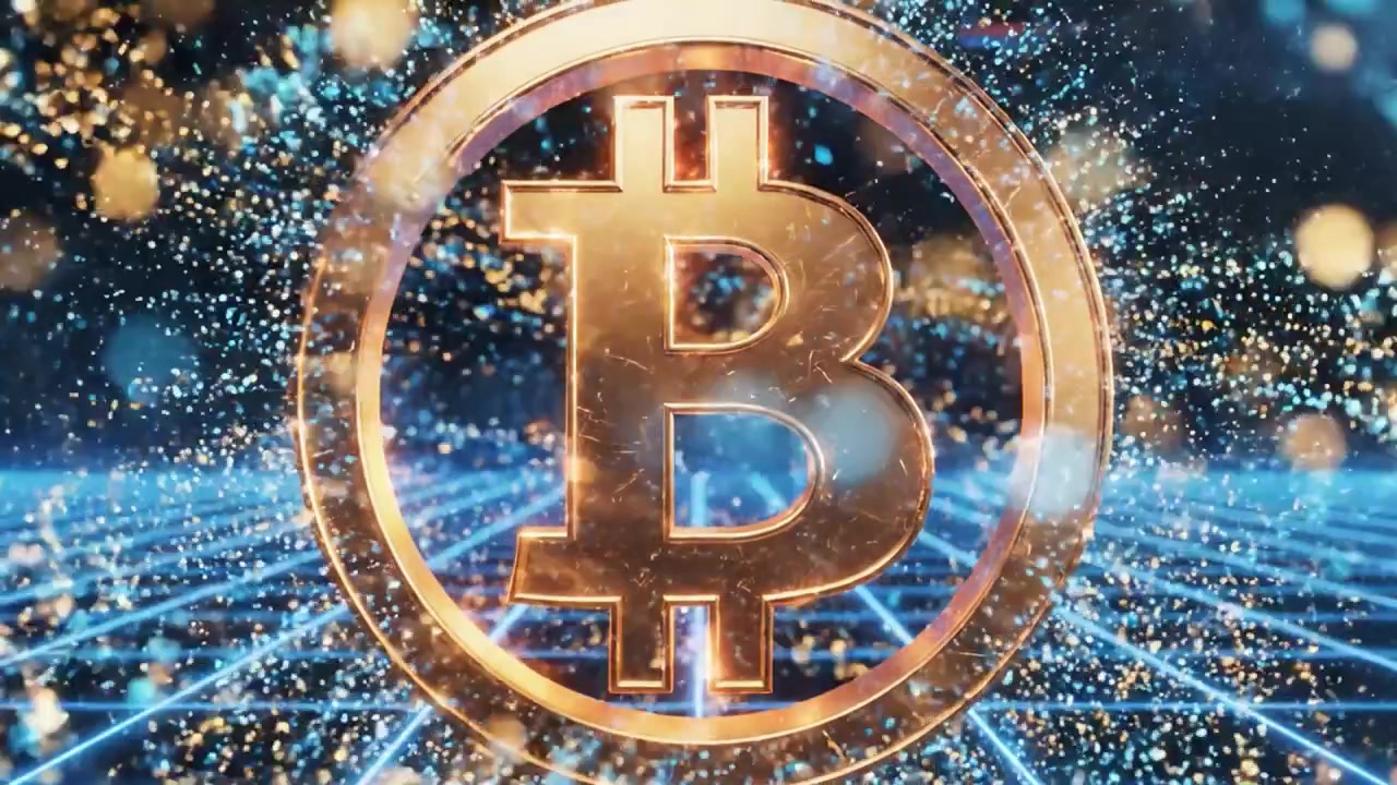 Visualizzazione Dinamica di Criptovaluta: Esplorando il Simbolo Dorato del Bitcoin su uno Sfondo a Griglia Futuristica con Effetti Scintillanti.