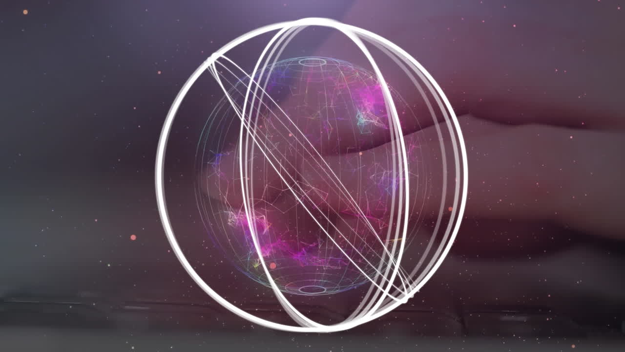 animación de anillos blancos y globo digital sobre las manos utilizando el teclado de la computadora