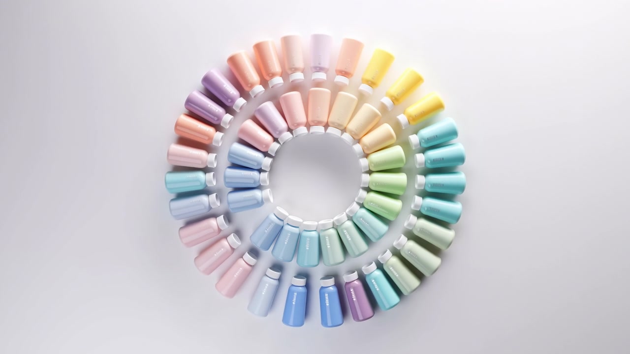 Merkezi bir açıklığın etrafında iki eş merkezli halka şeklinde düzenlenmiş küçük pastel şişelerin yüksek açılı görünümü, temiz simetri, yumuşak gölgeler, hafif renk kontrastı ve minimalist stüdyo ürün teşhiri oluşturuyor.