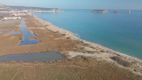 Aerial-Images-With-Drone-Of-The-Medes-Islands-In-Catalunya-Costa-Brava-European-Tourism-Empty-Beach-Aerial-Images-Of-Begur-The-Gola-Del-Ter-Mouth-Of-The-River-Aiguamolls-Del-Baix-Emporda