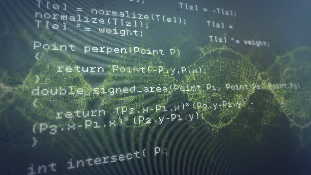 Programming code and neural network animation over green digital connections