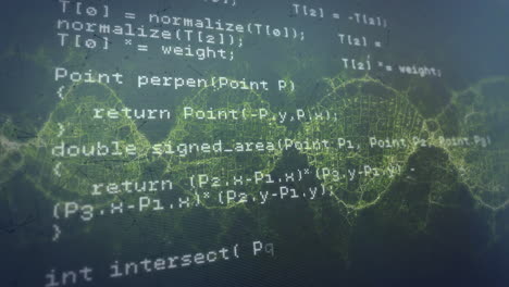 programming code and neural network animation over green digital connections