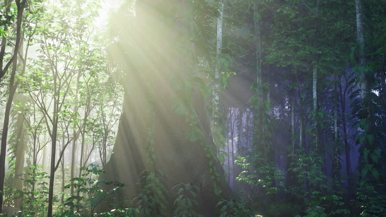 Sunlight filters through trees in a serene forest setting during morning hours
