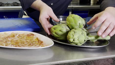 Close-up-of-artichoke-dish-full-of-vegetables