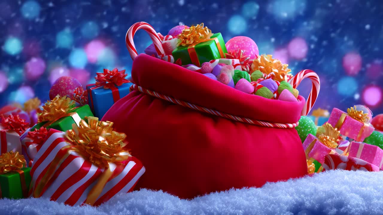 A Vibrant Display of Gifts and Treats in a Festive Red Sack Surrounded by Snow with Colorful Presents and Sweet Delights, Perfect for Celebrating Joyous Occasions and Evoking Holiday Cheer
