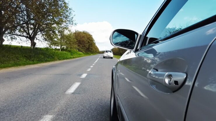 Auto che guida su una strada vicino a un villaggio in Moldova. Inquadratura laterale dal basso