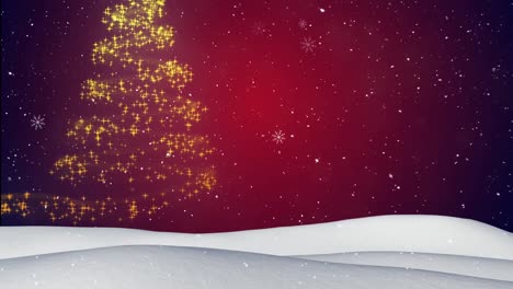 Snow-falling-over-winter-landscape-against-shooting-star-forming-a-christmas-tree-on-red-background