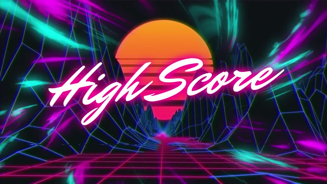 animación de ondas digitales púrpuras sobre banner de texto de alta puntuación contra las estructuras del metaverso