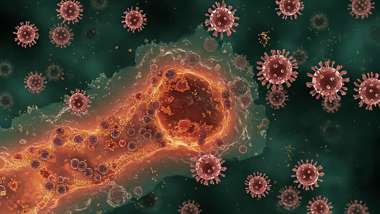 Visione microscopica di una cellula a contatto con dei virus, che mostra le interazioni dettagliate tra agenti patogeni e strutture cellulari al microscopio digitale