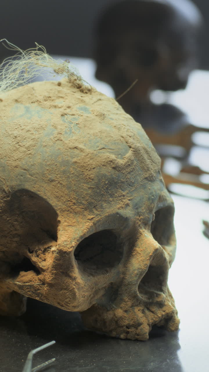 cranio polveroso sul tavolo del laboratorio