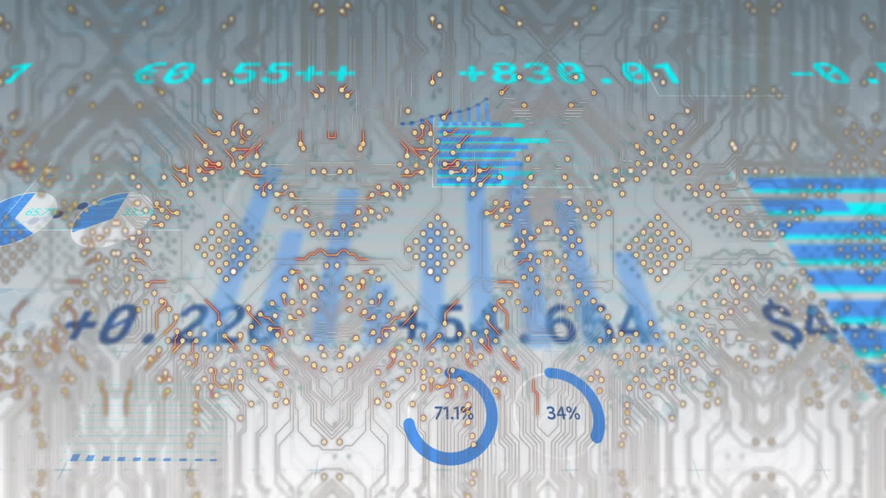 анимация интегральной схемы над данными и графиками на бежевом фоне