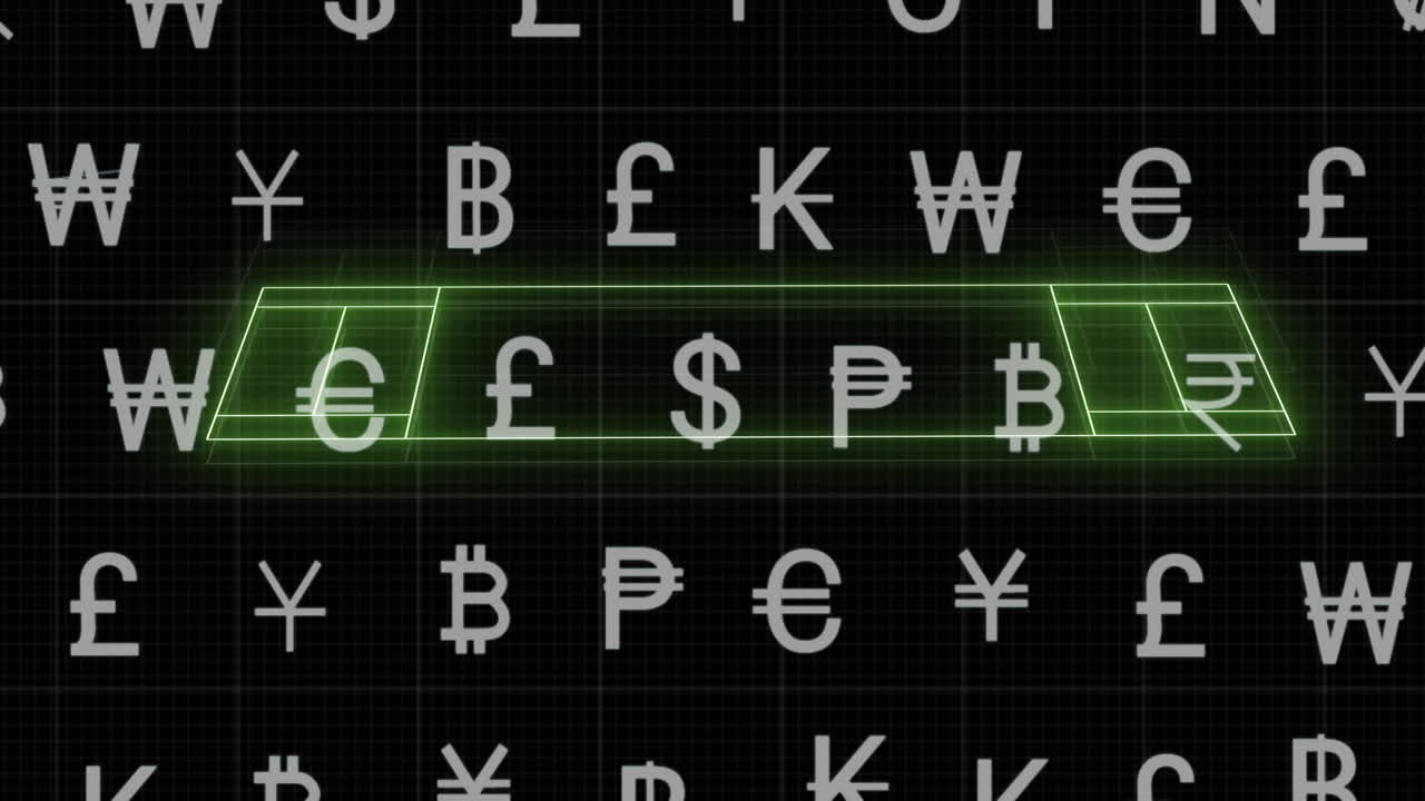 통화 기호의 애니메이션과 네온 스포츠 필드에 대한 데이터 처리