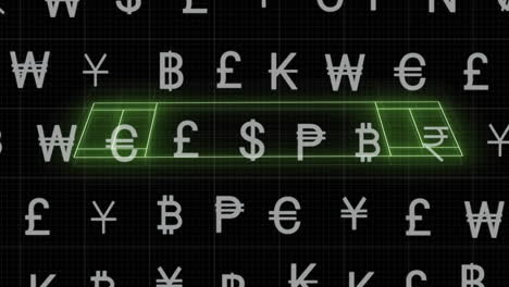 animation of currency symbols and data processing over neon sports field