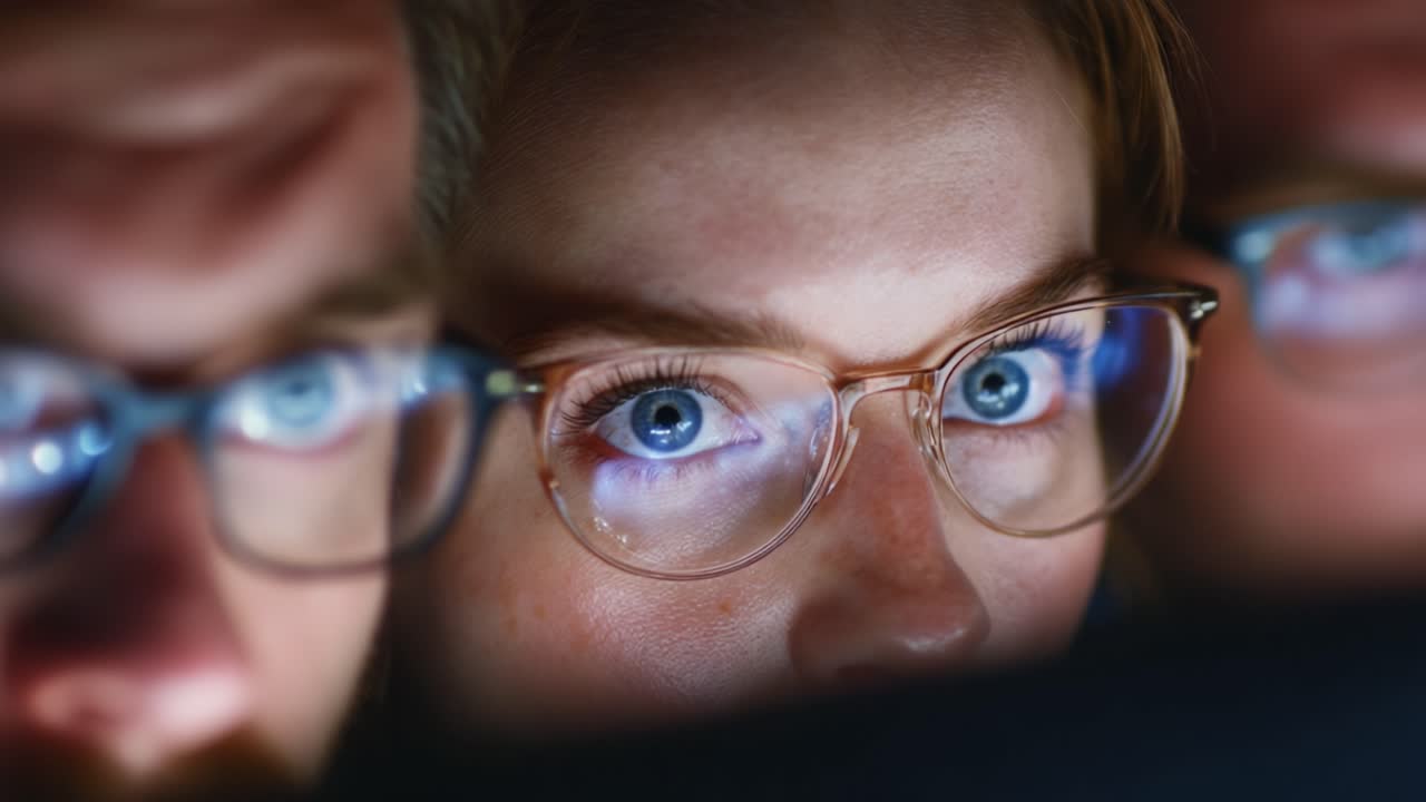 A close-up shot captures the focused gaze of a person behind two individuals, emphasizing deep concentration and the clarity in their captivating blue eyes, illuminated by a screen's glow