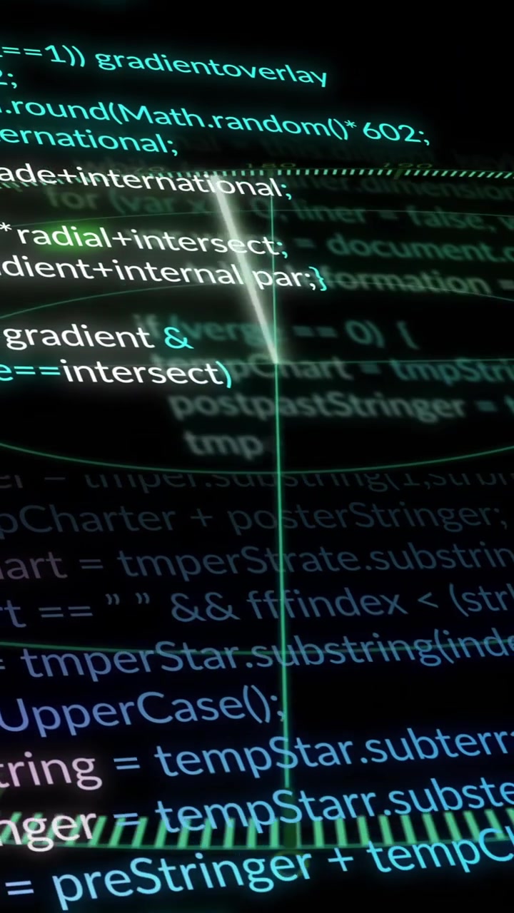 Computer code and data processing animation over dark background with glowing text