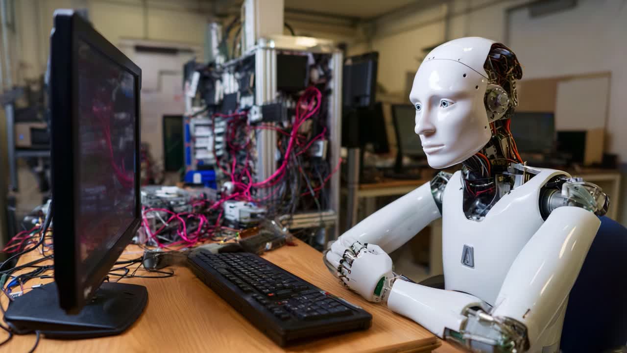 Un robot umanoide impegnato in attività di programmazione, che mette in mostra l'intelligenza artificiale avanzata e la tecnologia robotica in un moderno ambiente di laboratorio di ricerca