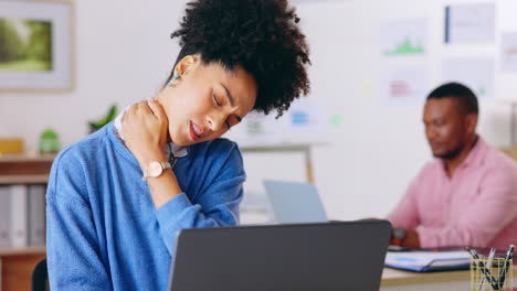 Business-woman,-neck-pain-and-burnout-with-muscle