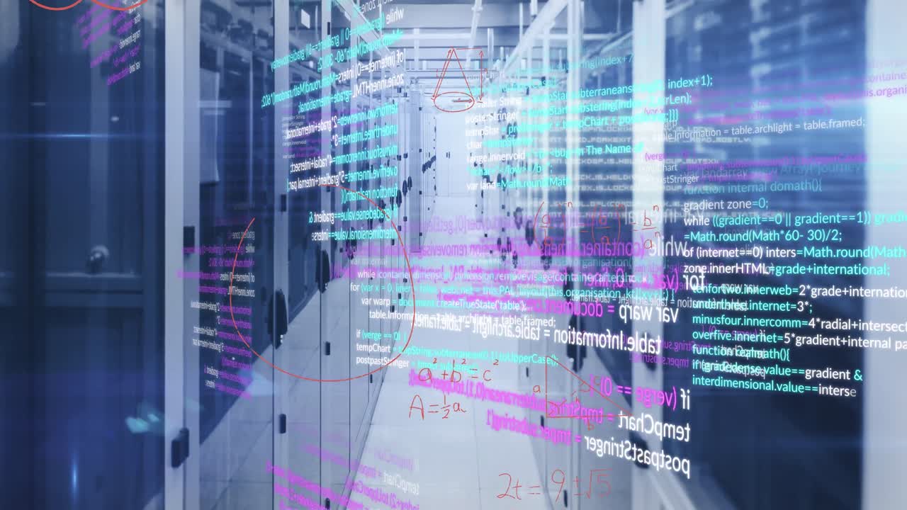 Animation of data processing and light spots against computer server room