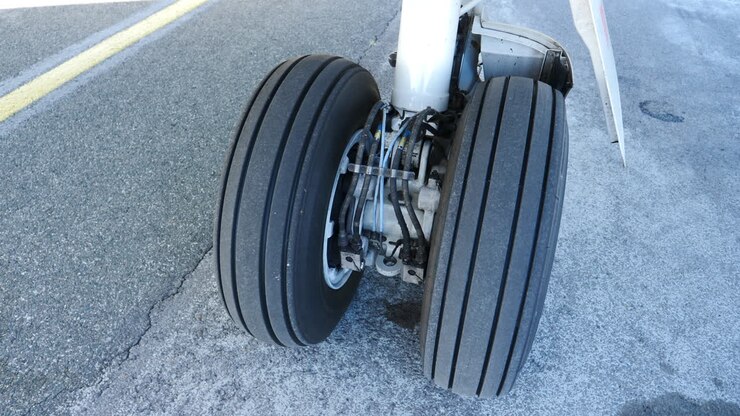 Close up of airplane tires and landing gear