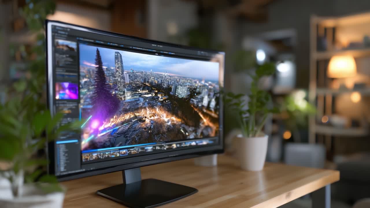 Un monitor per computer ad alta risoluzione che mostra uno splendido paesaggio digitale con colori vivaci e dettagli complessi, mettendo in mostra la tecnologia moderna e l'estetica del design.