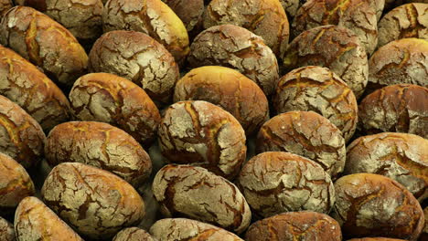 sourdough bread freshly baked in a bakery - top view, orbiting