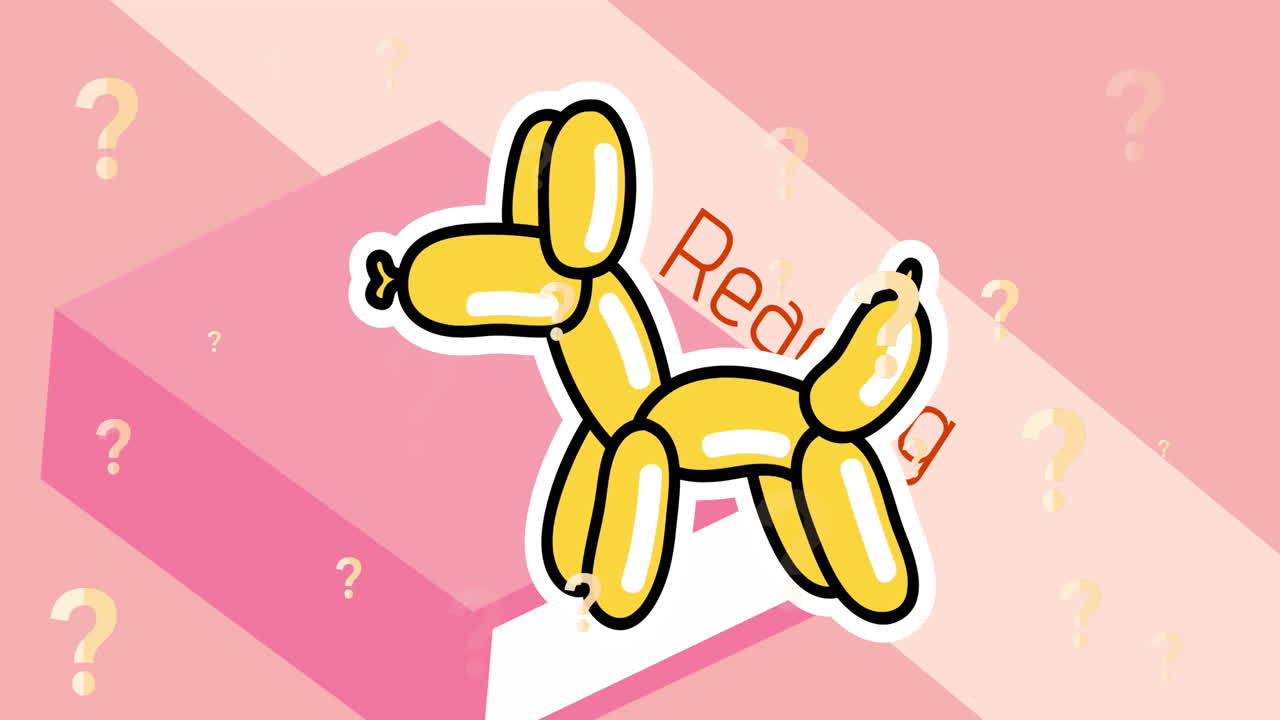 풍선 개와 분홍색 책 위에서 재미있는 독서 텍스트의 애니메이션