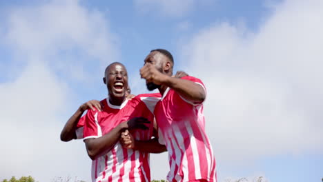 cheering and raising arms, african american soccer players celebrating victory, on field, copy space