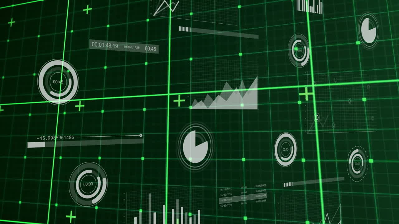 Digital data charts and graphs animation on green grid background