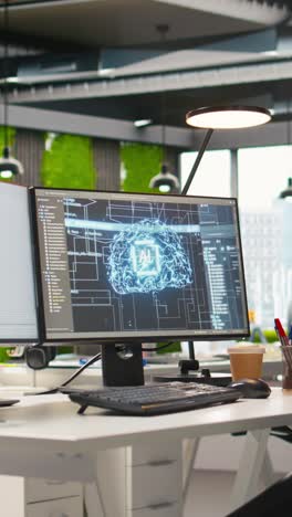 vertical video empty startup office with artificial intelligence program running on pc monitors