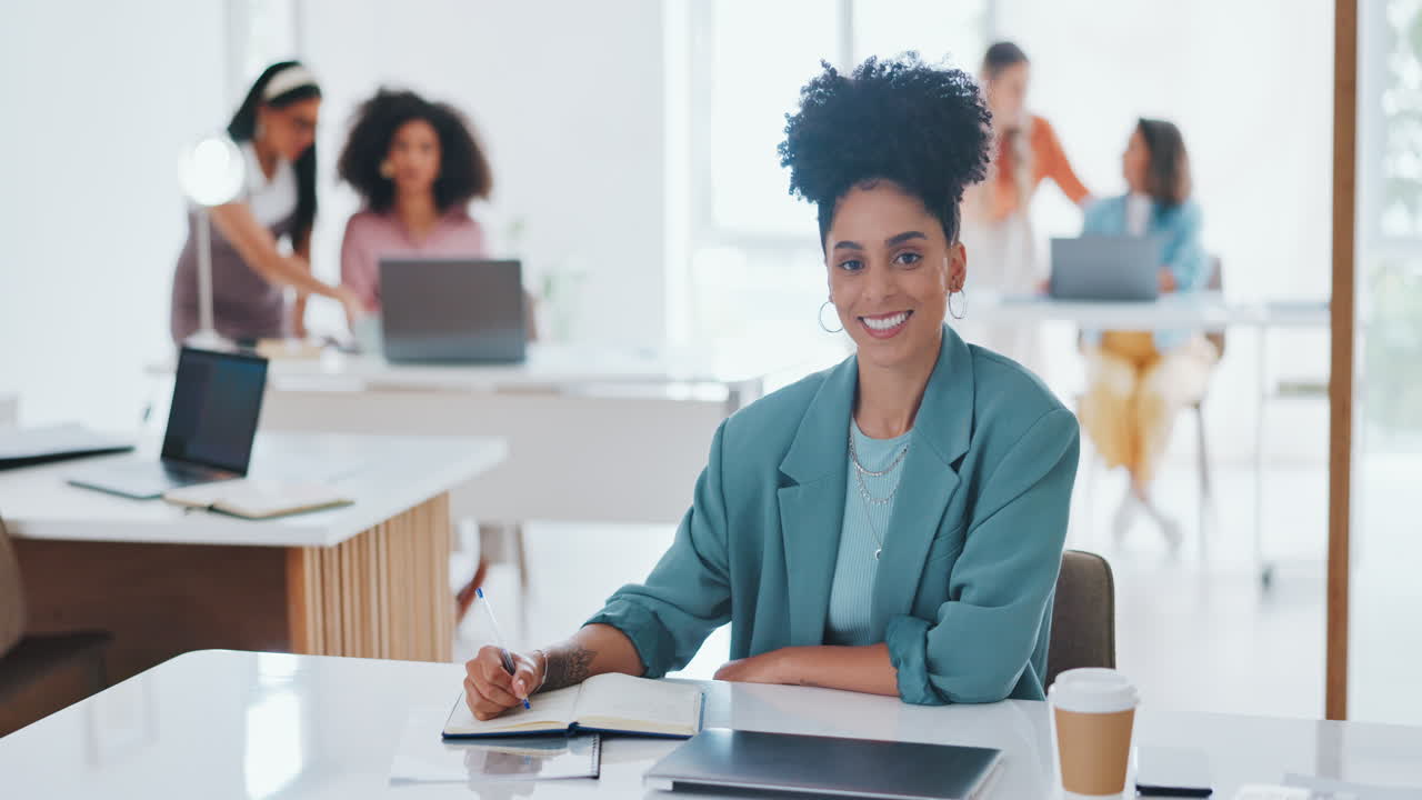Face, writing or black woman in office building