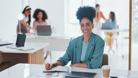 face, writing or black woman in office building