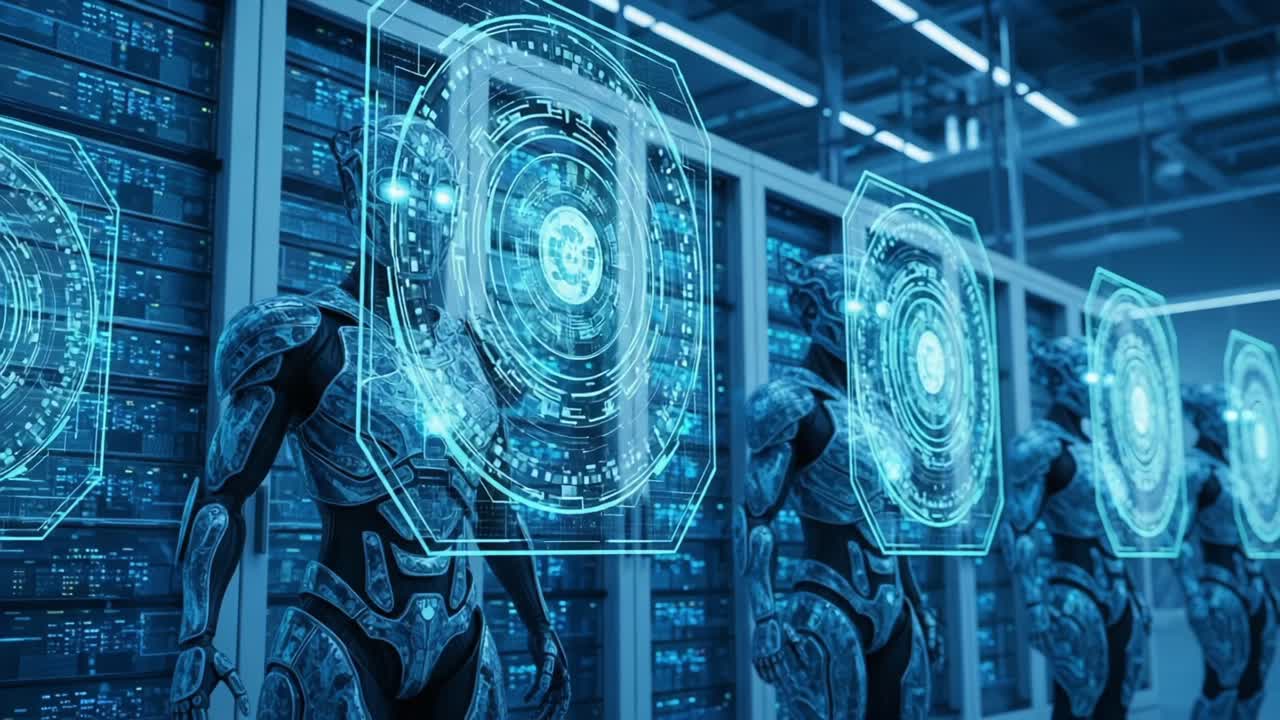 Advanced Robotics Displaying Futuristic Technological Interfaces in a High-Tech Environment with Glowing Holographic Projections and Sleek Mechanized Figures