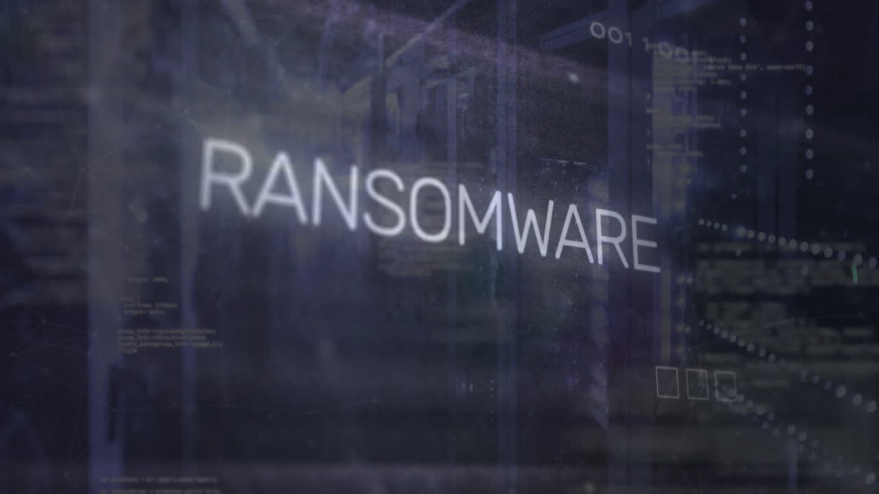 Animation of ransomware text, computer language, binary codes, circuit board pattern, server room