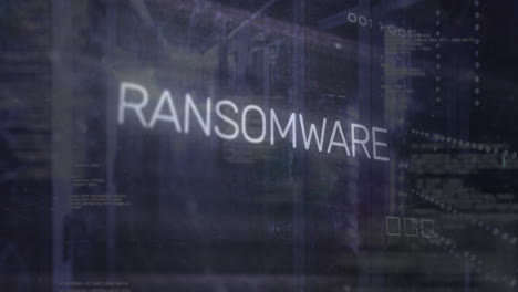 animation of ransomware text, computer language, binary codes, circuit board pattern, server room