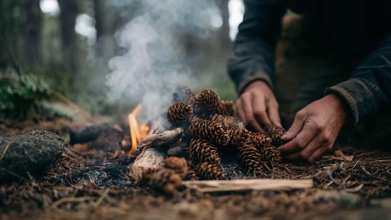 A Person Starts a Campfire by Arranging Pine Cones and Wood, Surrounded by Nature with Smoke Rising, Creating a Cozy Outdoor Atmosphere in the Forest