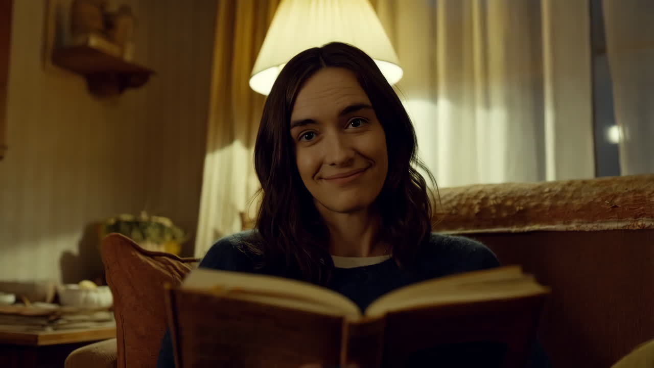 Mujer leyendo un libro en casa