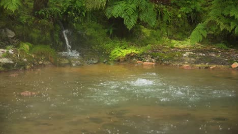 Fresh-water-streaming-into-a-pool-at-the-the-volcanic-hot-springs-at-Ribeira-Grande,-Caldeira-Velha-Natural-Monument