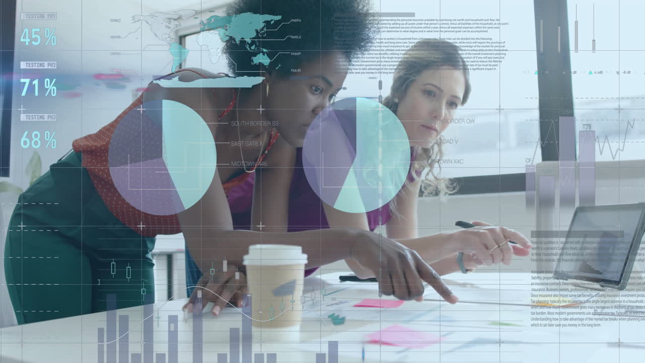 Animation of financial data processing over diverse businesswomen in office
