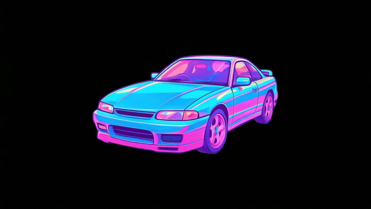 Vibrant retro car illustration animation isolated asset, transparent 4K video, alpha channel, ProRes