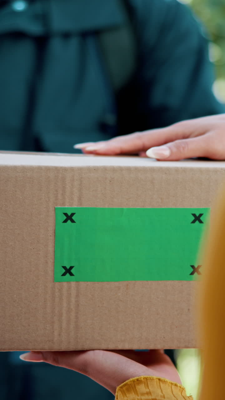 Primo piano di un corriere che consegna un pacco con green screen