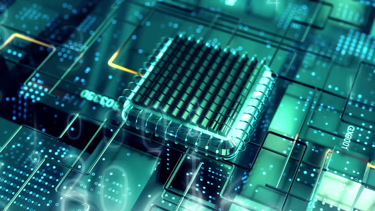 la minería de datos criptográficos en la tecnología blockchain. procesador de cpu virtual futurista en el concepto de criptografía. animación de visualización 4k uhd transferencia de código binario fondo de bucle de video de dígito.