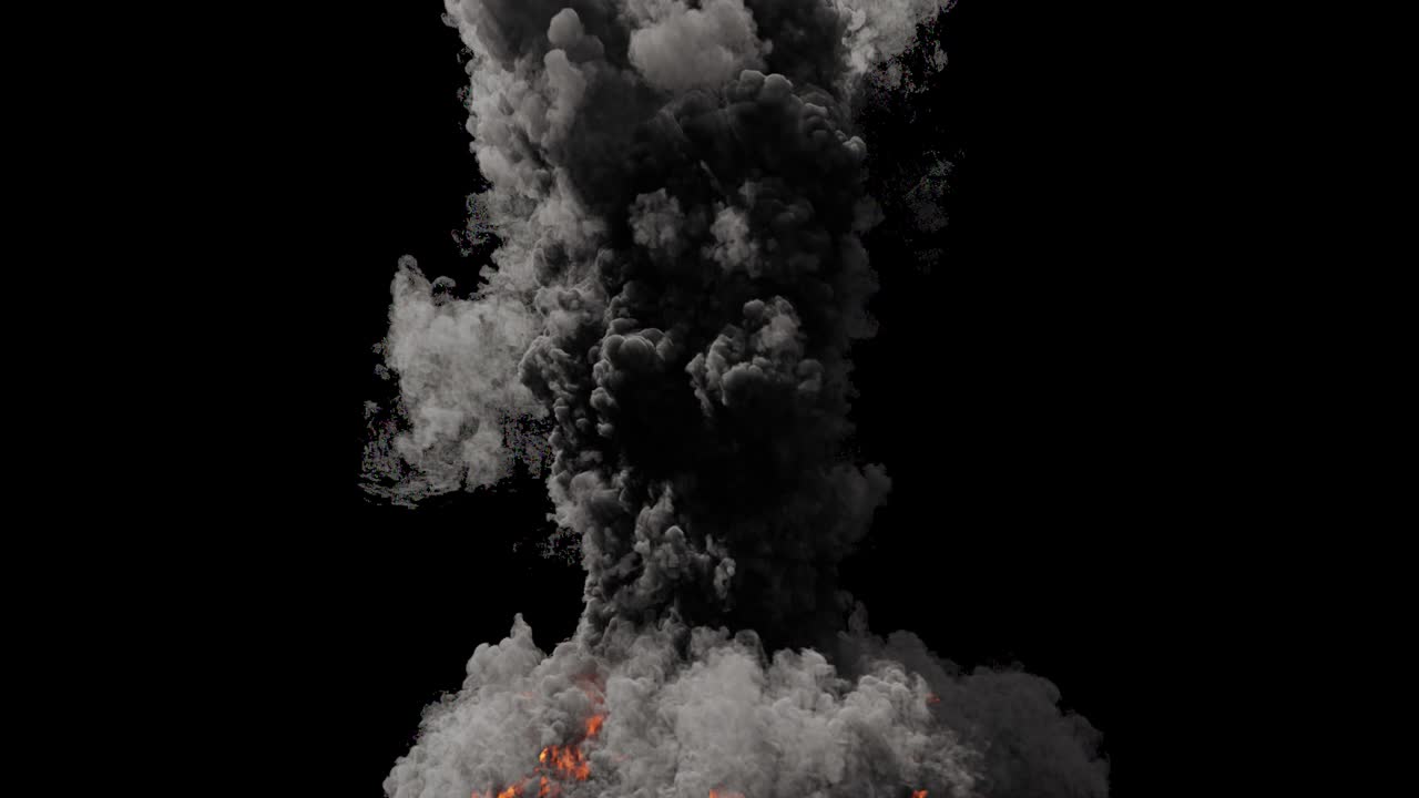 un poderoso fuego de combustible con una gran cantidad de humo negro. un fuego enorme con humo negro espeso. un fuego con humo negro en un fondo aislado con un canal alfa, una explosión de combustible.