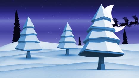 Animation-of-snow-falling-over-trees-on-blue-background