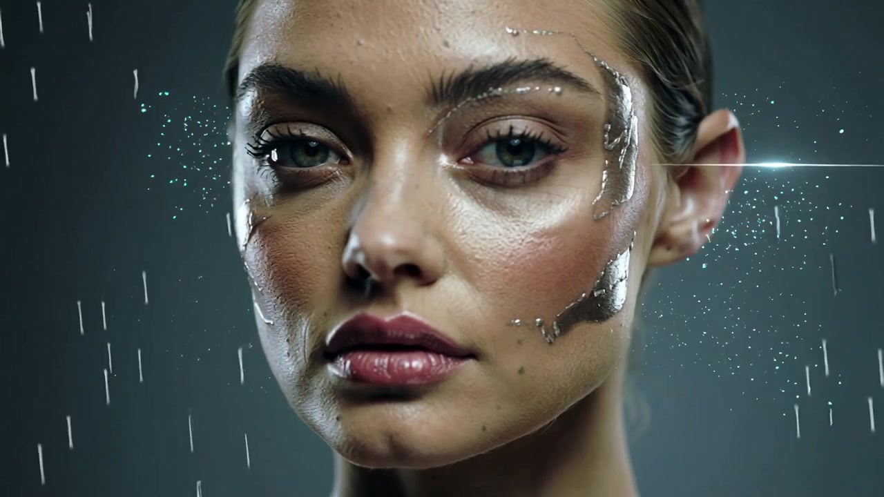 Sweeping beam crossing face of model in studio, model holding still to highlight gel patch glitter