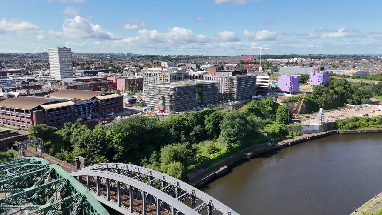 Sunderland City UK North East England Tyne And Wear Monkwearmouth Bridge Stadium Of Light River Wear Seaburn Roker Mackem British Town Drone Aerial View Footage