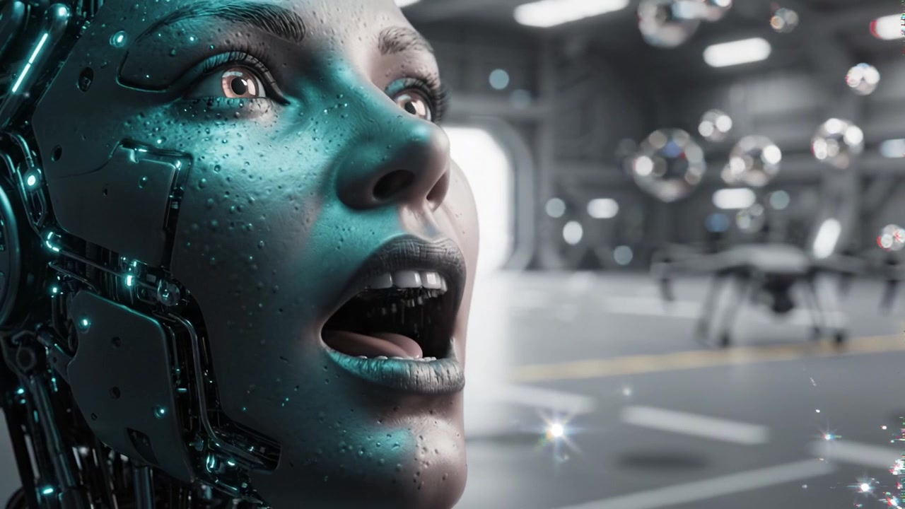 Una donna cibernetica futuristica con caratteristiche luminose e occhi espressivi che mostrano emozione e intelligenza in un ambiente di laboratorio ad alta tecnologia