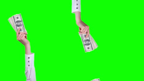 돈, 현금, gif 애니메이션, 클로즈업, 여성 손,  블라우스, 백 달러 지폐 어리를 들고, 그들을 흔들고, 녹색 배경에 고립되어, 이 없는 패턴, 애니메이션