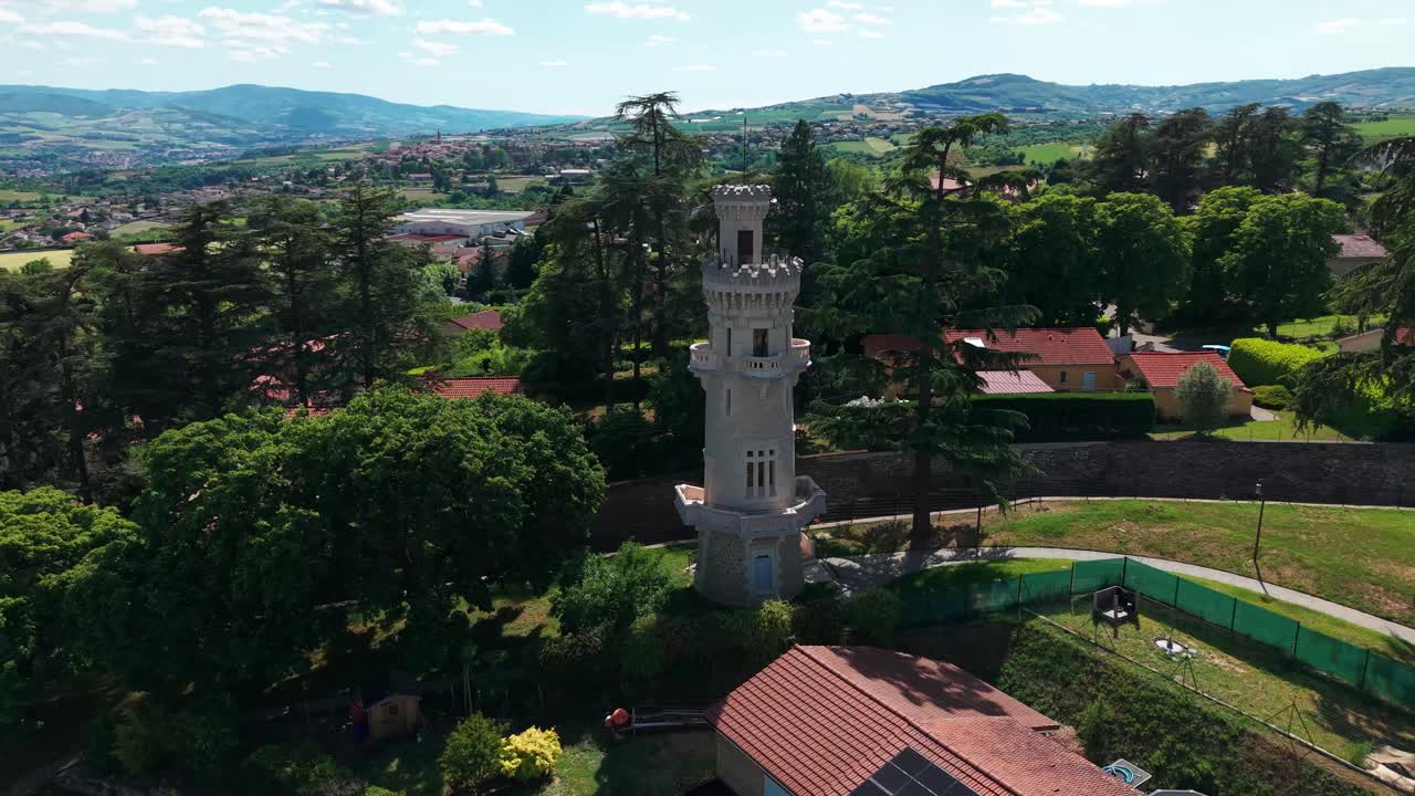 aerial shot arounf the tower of jealousy in Saint Martin La Plaine on a beautiful day in Loire departement, Auvergne Rhone Alpes region, France