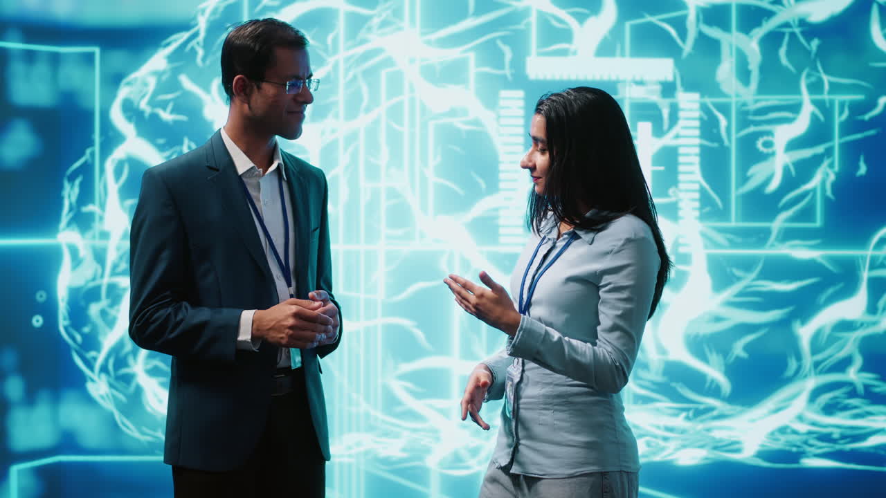 Startup employees using artificial intelligence to look at data